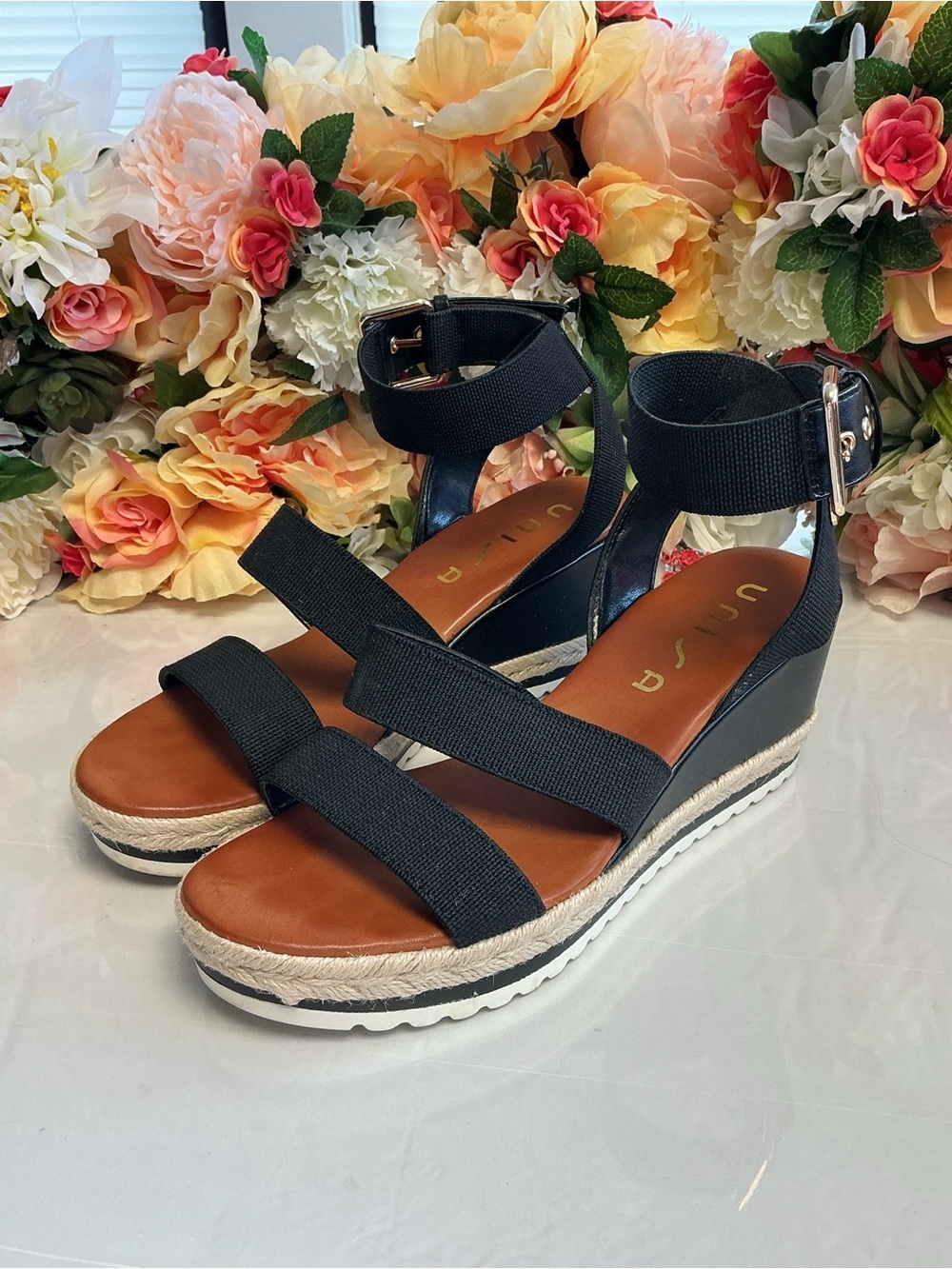 Unisa Unpayge Black Espadrille Platform Wedge Sandals Women’s 8.5M Ankle Strap